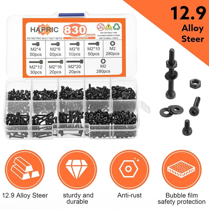 Hapric 830 Pcs M2 Screws Kit Metric Bolts Kit M2*4mm/6mm/8mm/10mm/12mm/16mm/20mm Machine Screw Kit, 12.9 Alloy Steel Black Zinc Plated Hex Socket Head Screws Nuts Bolts and Washers Set - Image 4